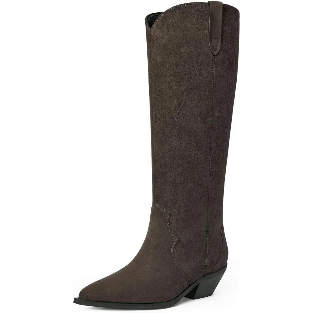 Women's Chocolate Knee High Faux Suede Western with 2 IN Chunky Heel Pointed